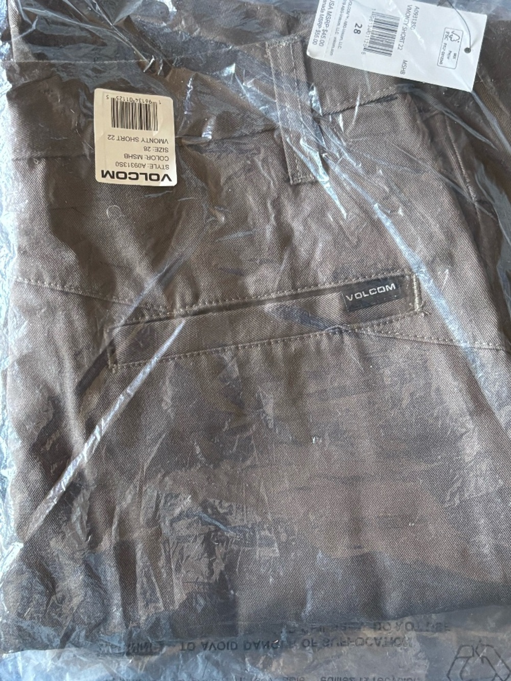 NWT Volcom VMonty Chino Shorts Mushroom Brown Size 28 Men's